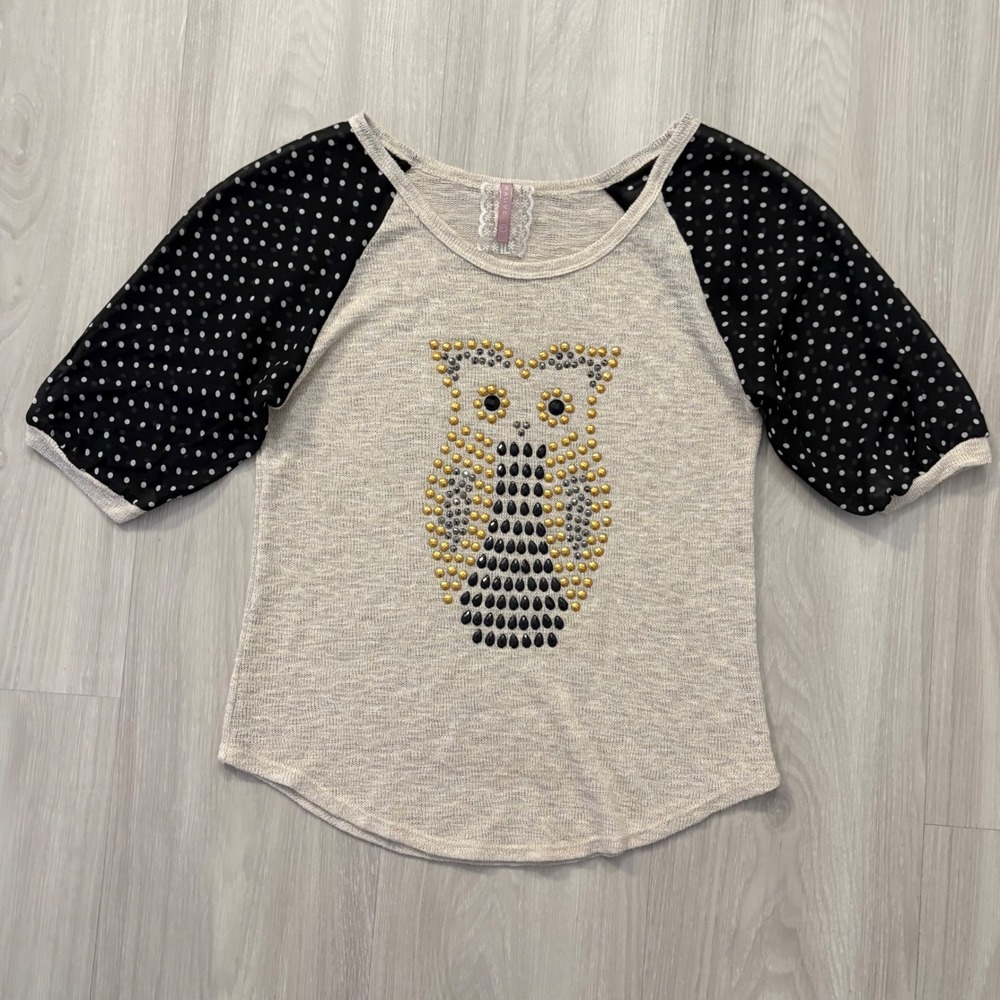 MAUVE Top Women Studded Owl Knit Polka Dot Sheer Raglan Sleeve Gray Size Large